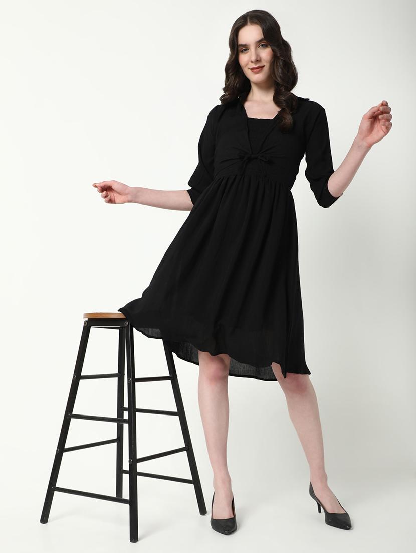 women black solid fit & flare dress - 21598038 -  Standard Image - 1