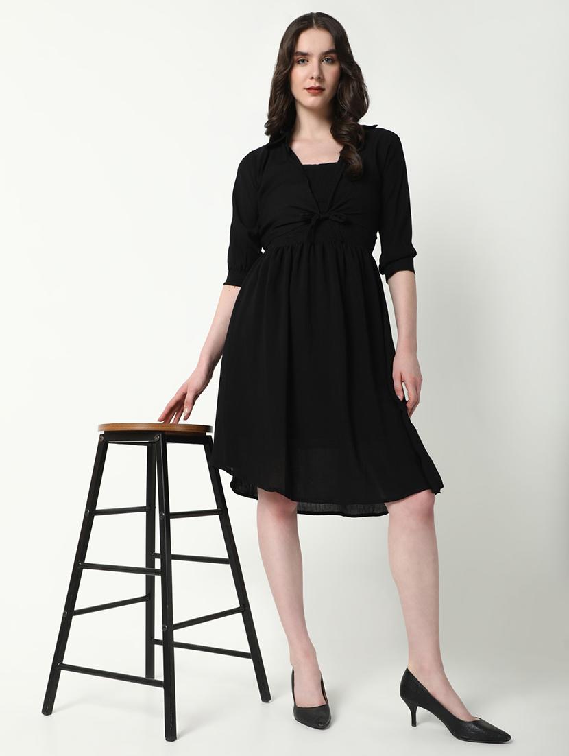 women black solid fit & flare dress - 21598038 - Standard Image - 4