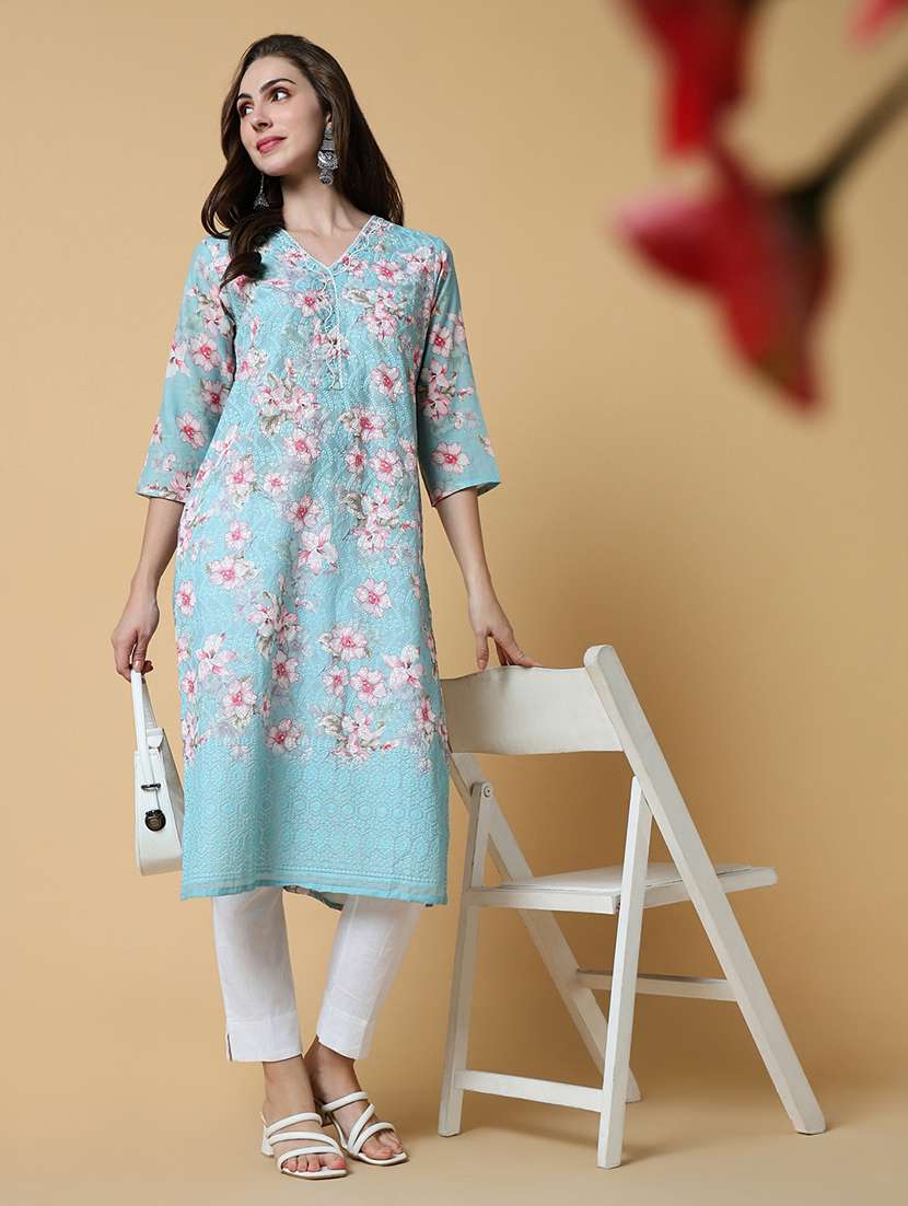 women light blue floral straight kurta