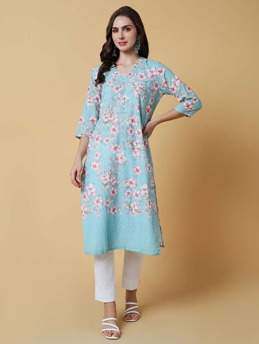 women light blue floral straight kurta - 21598044 -  Standard Image - 1
