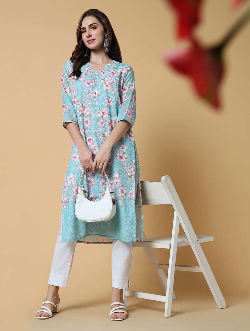 women light blue floral straight kurta - 21598044 -  Standard Image - 4