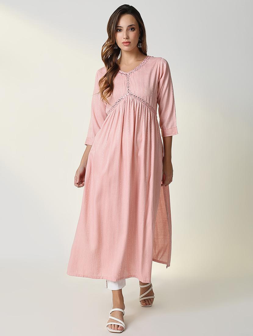 women peach self design anarkali kurta - 21598050 - Standard Image - 1