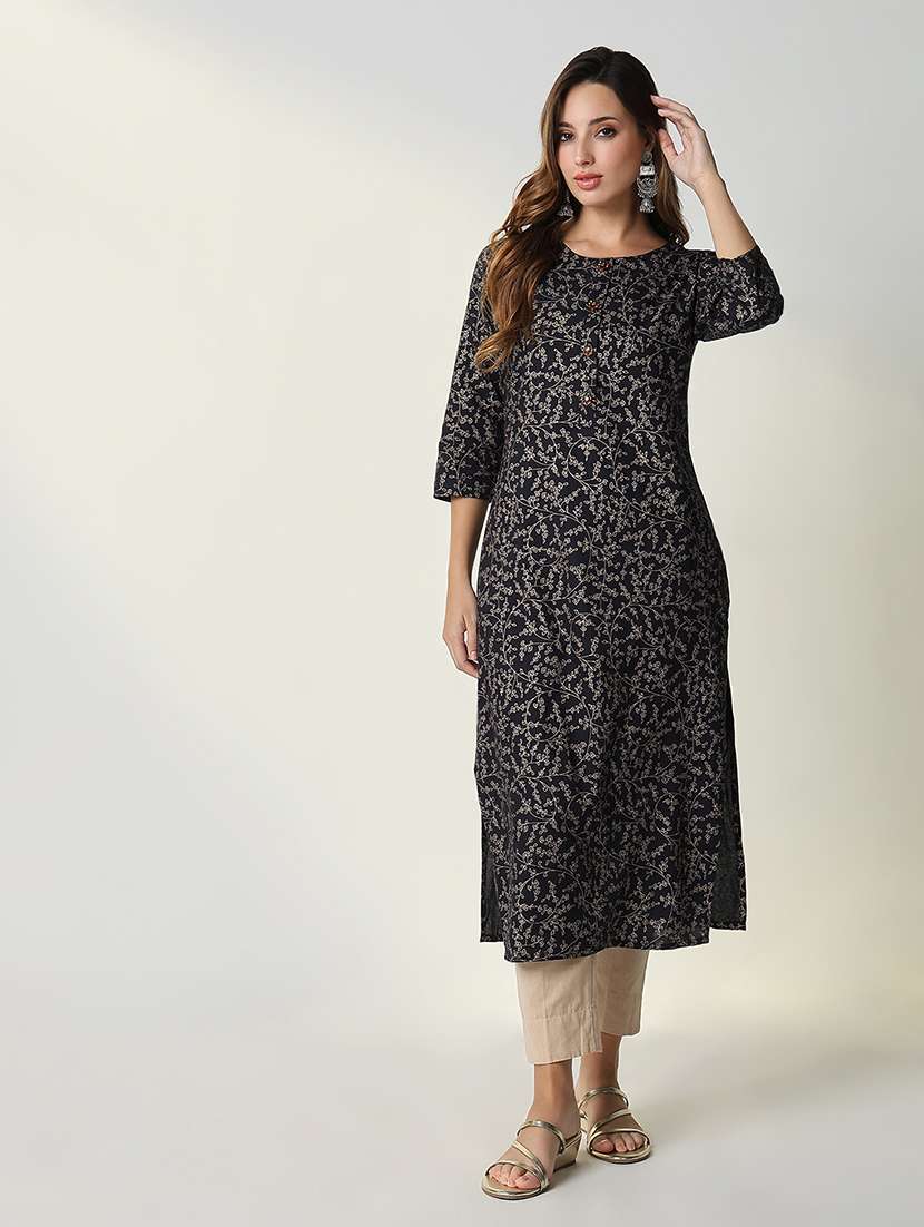 women navy blue printed round neck straight kurta - 21598053 -  Standard Image - 1
