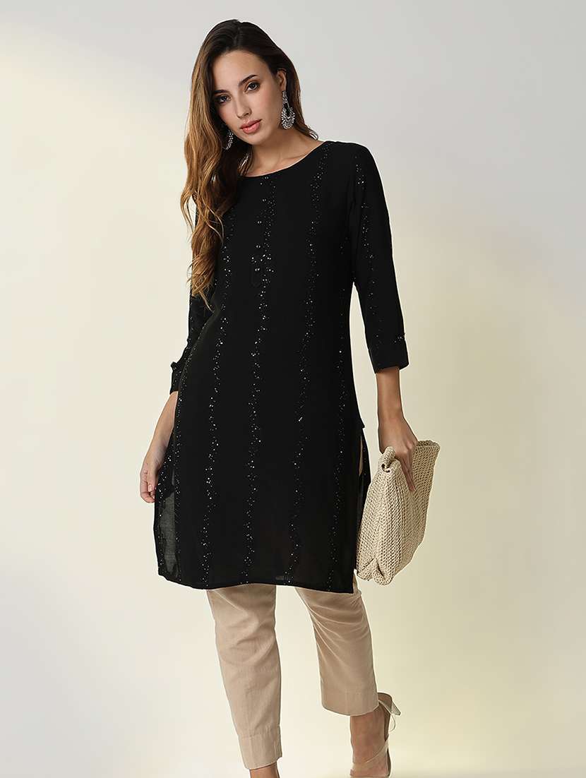 women black solid with work straight kurta - 21598055 -  Standard Image - 1
