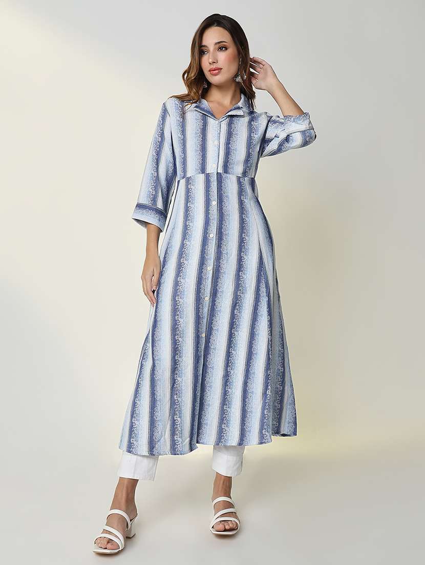 women striped three quarter sleeve a-line kurta