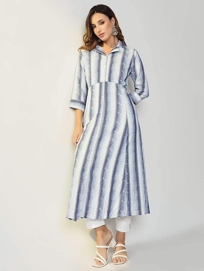 women striped three quarter sleeve a-line kurta - 21598056 -  Standard Image - 4