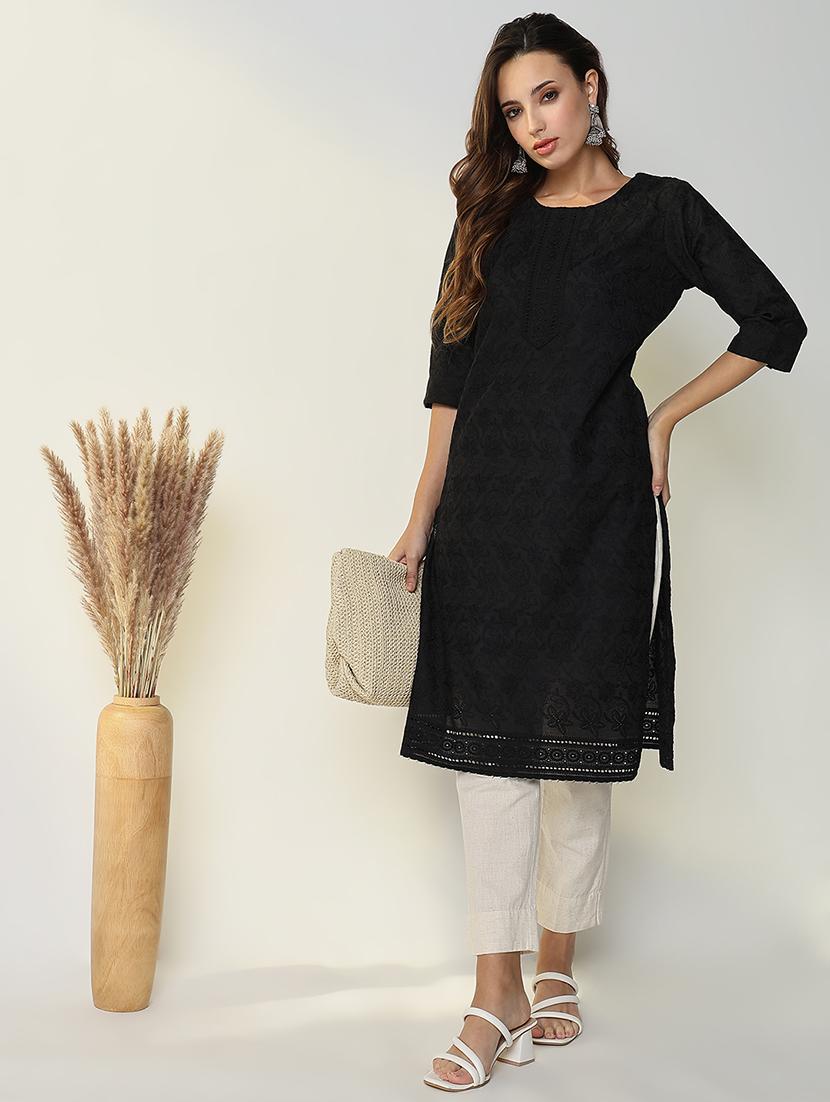 women black solid with work straight kurta - 21598058 - Standard Image - 1