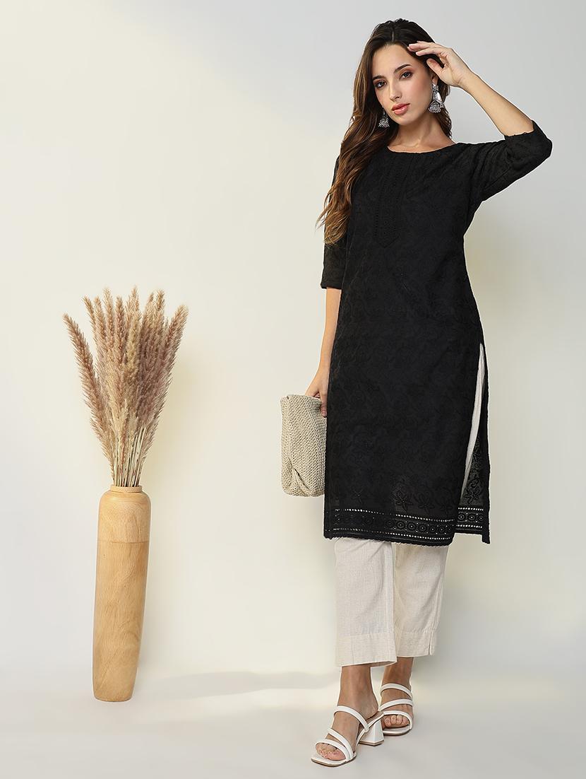 women black solid with work straight kurta - 21598058 - Standard Image - 4