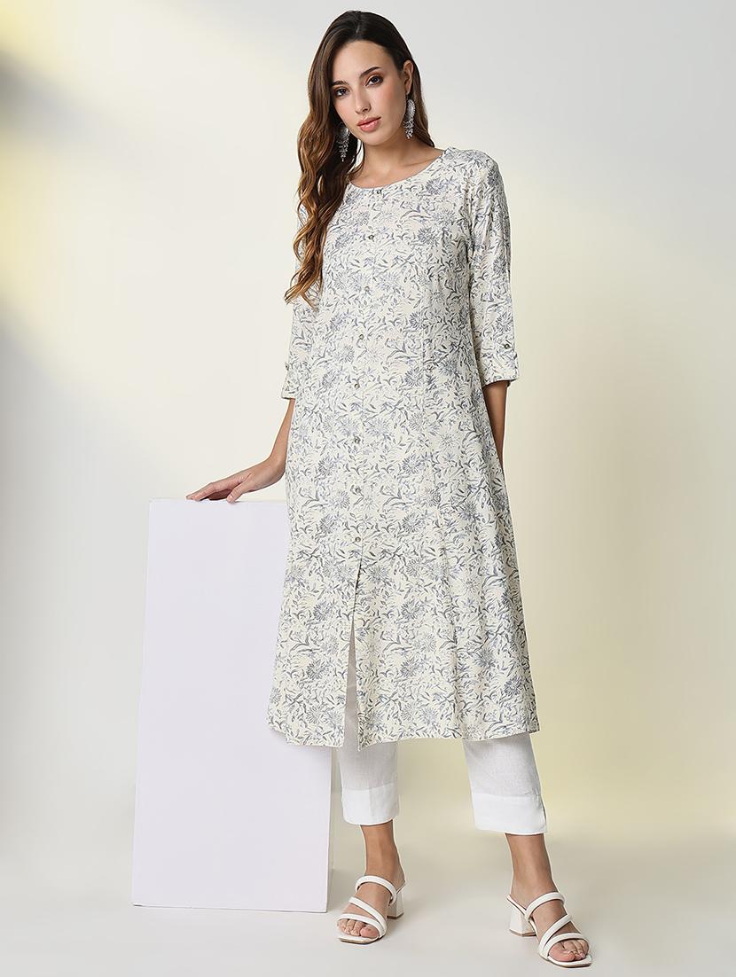 women cream floral printed  three quarter sleeve a-line kurta - 21598059 -  Standard Image - 1