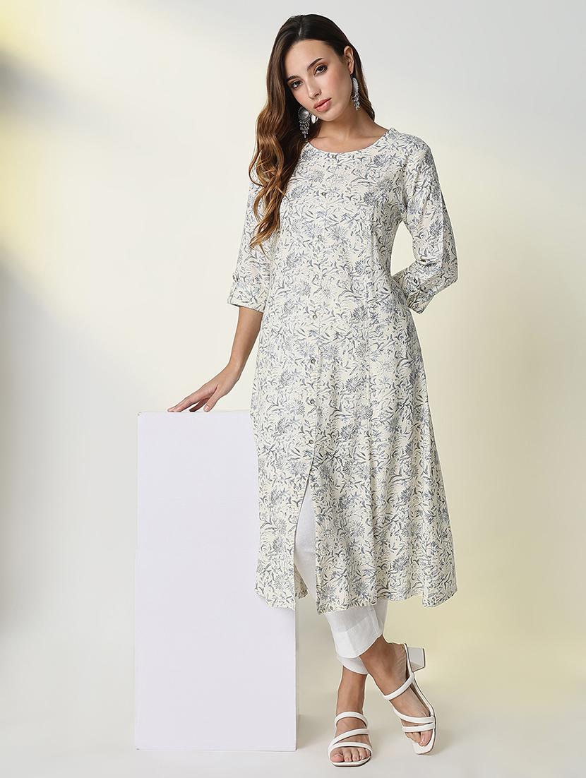 women cream floral printed three quarter sleeve a-line kurta - 21598059 - Standard Image - 4