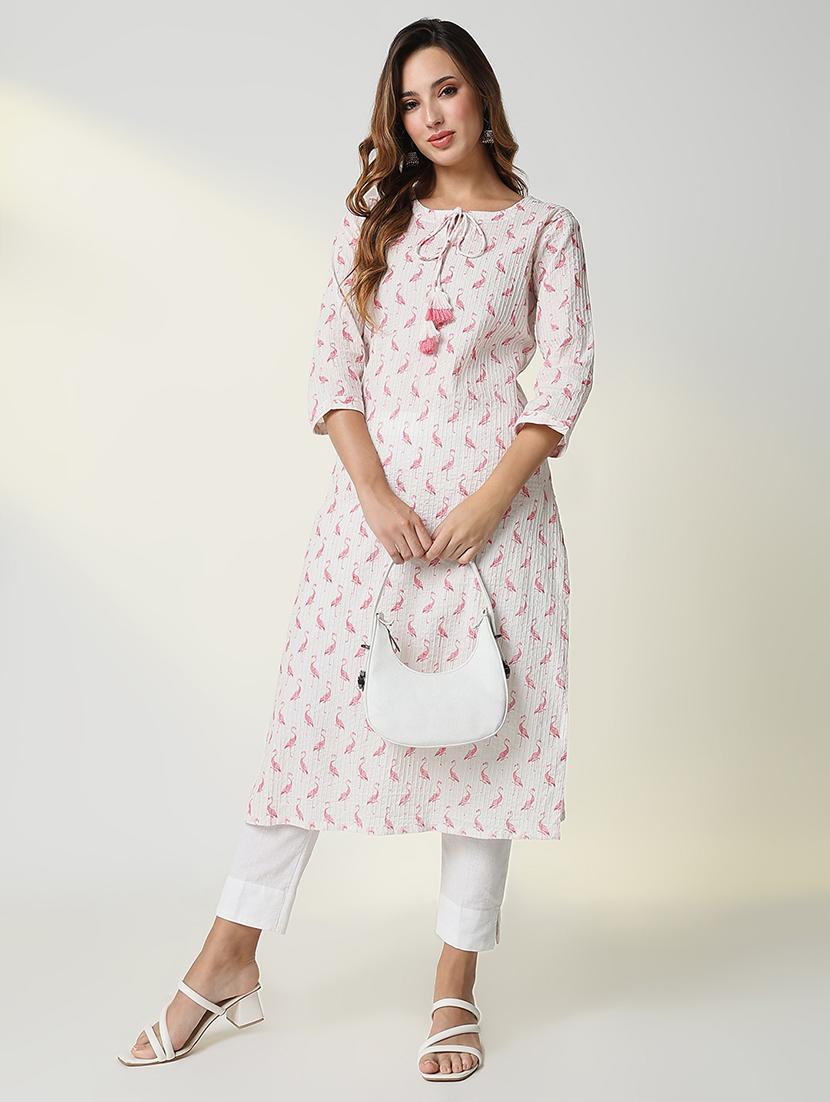 women white printed tie up neck straight kurta - 21598061 - Standard Image - 1