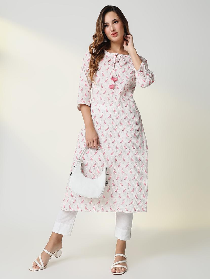 women white printed tie up neck straight kurta - 21598061 - Standard Image - 4