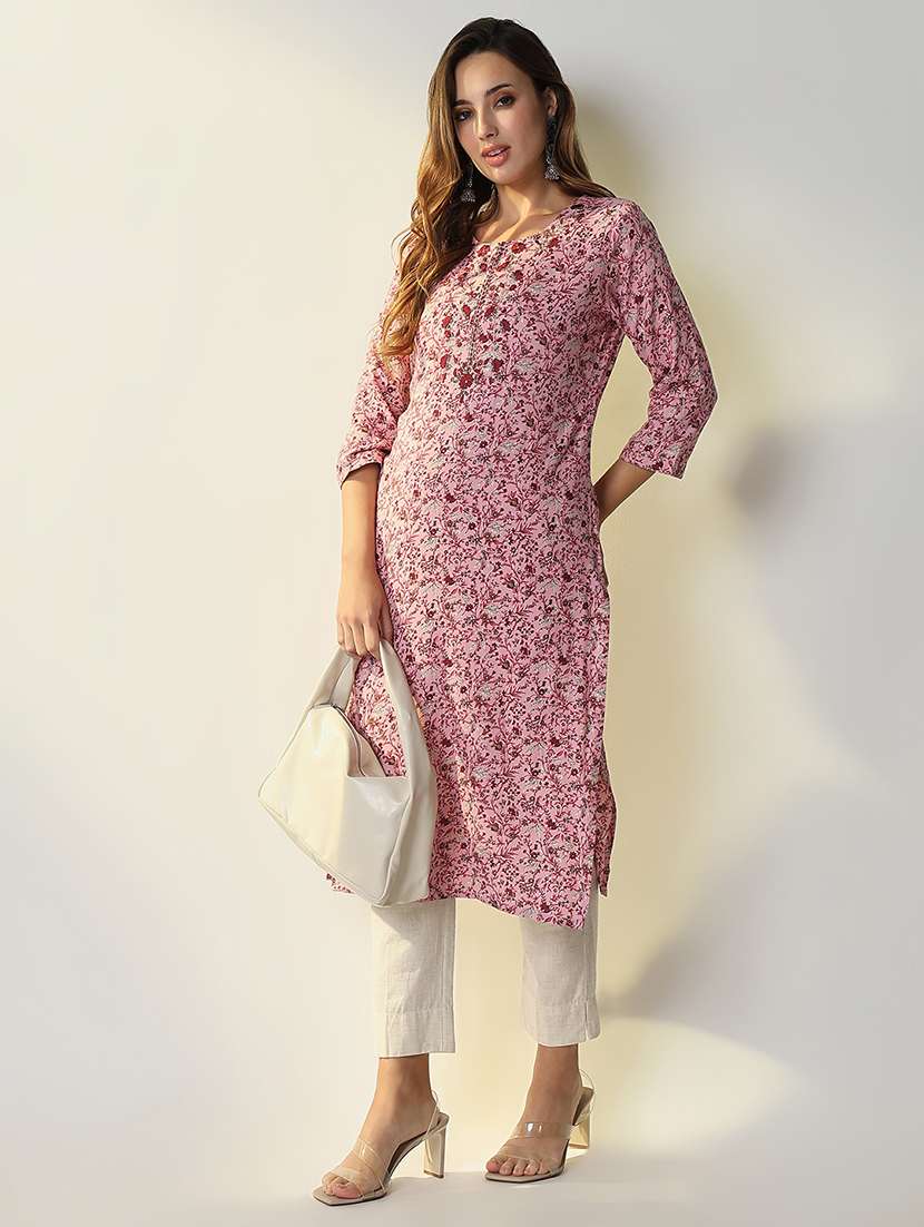 women pink floral printed straight kurta - 21598064 -  Standard Image - 1
