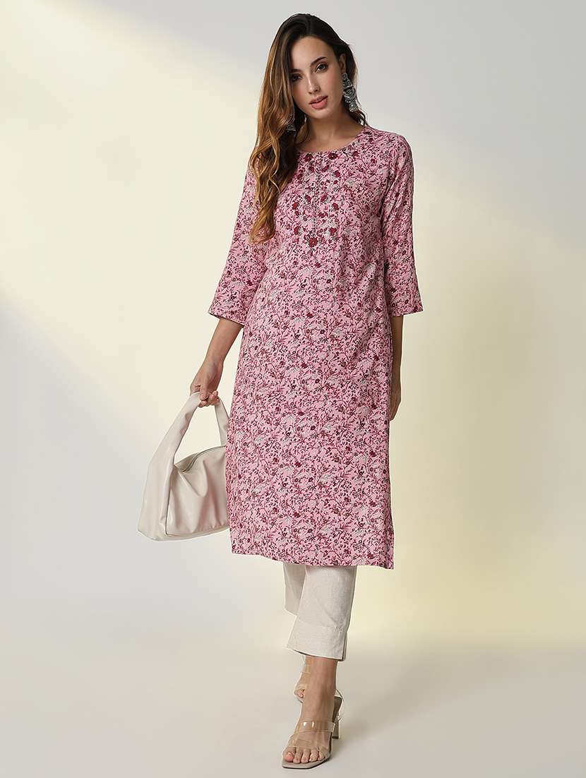 women pink floral printed straight kurta - 21598064 -  Standard Image - 4