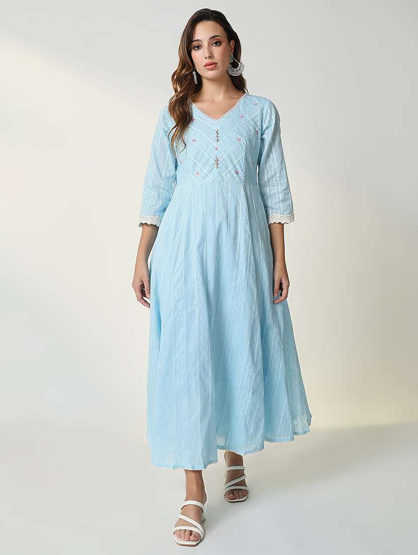 women light blue striped v neck anarkali kurta