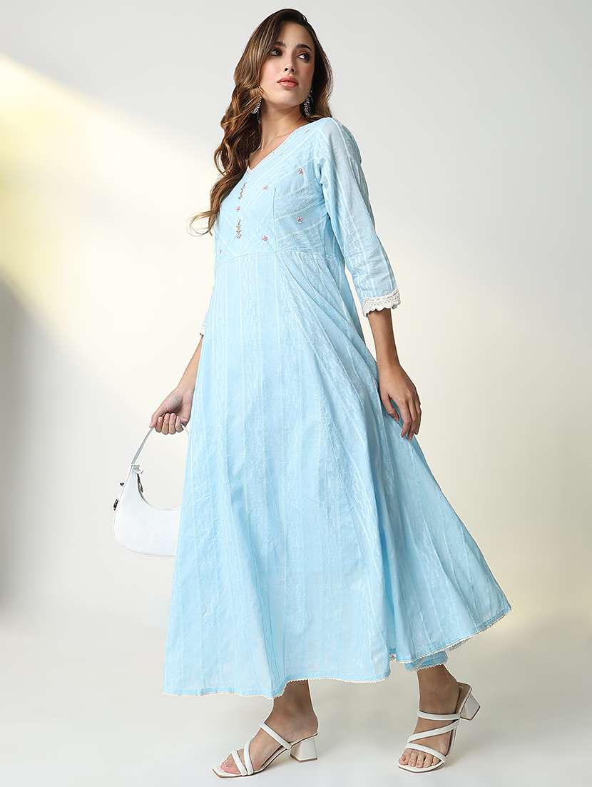 women light blue striped v neck anarkali kurta - 21598067 -  Standard Image - 1