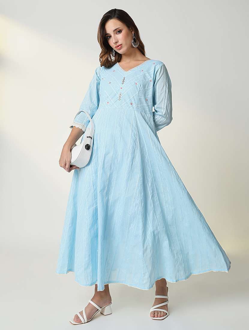 women light blue striped v neck anarkali kurta - 21598067 - Standard Image - 4