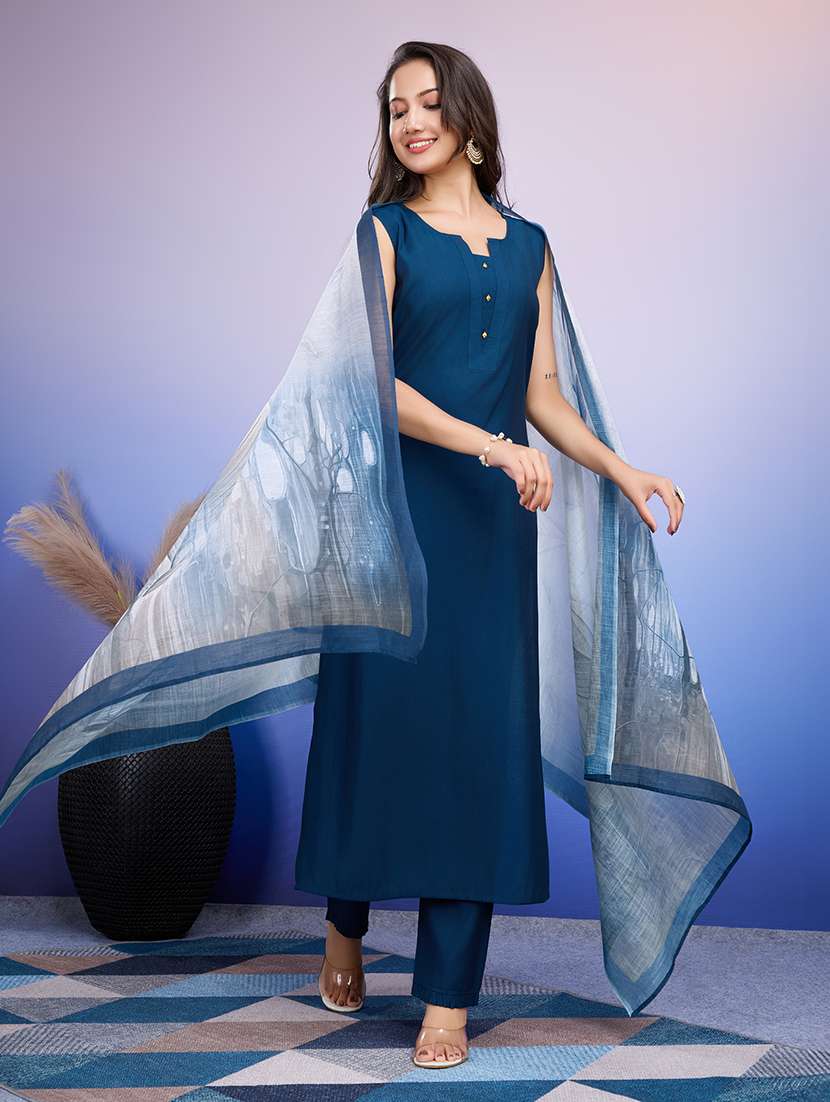 women solid sleeveless kurta pant with dupatta set - 21598095 -  Standard Image - 1