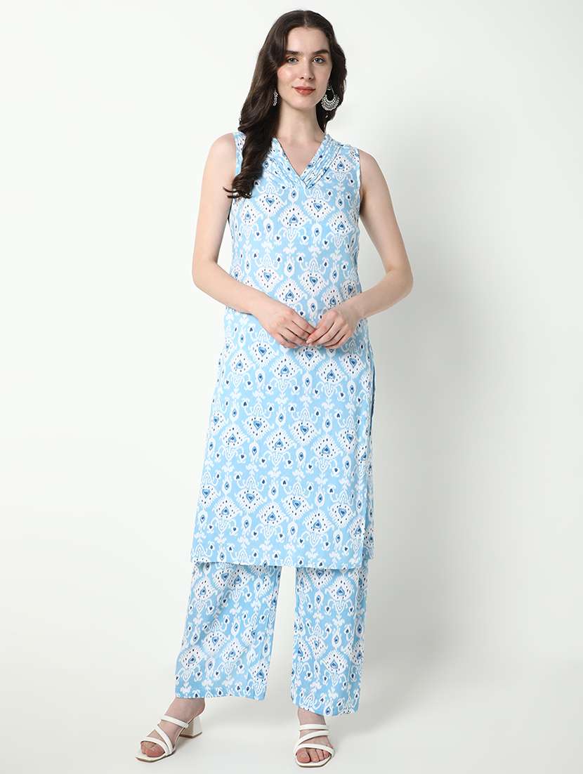 women light blue printed kurta palazzo set