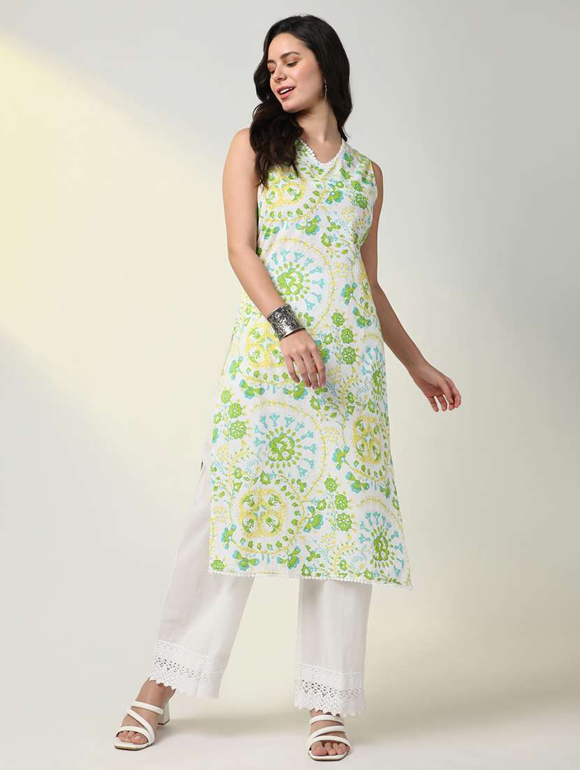 women green floral kurta palazzo set - 21598114 -  Standard Image - 4
