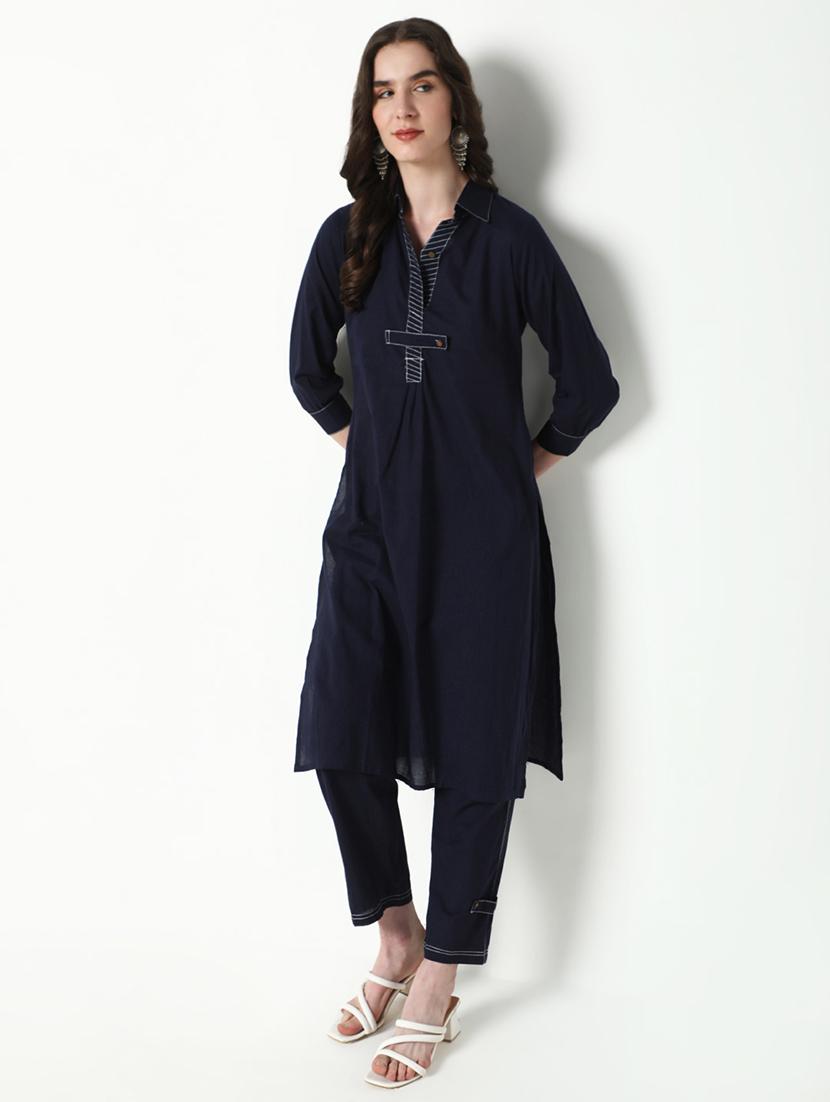 women navy blue solid kurta pant set - 21598117 - Standard Image - 1