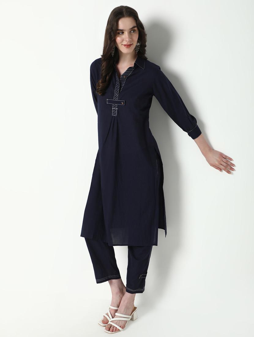women navy blue solid kurta pant set - 21598117 - Standard Image - 4