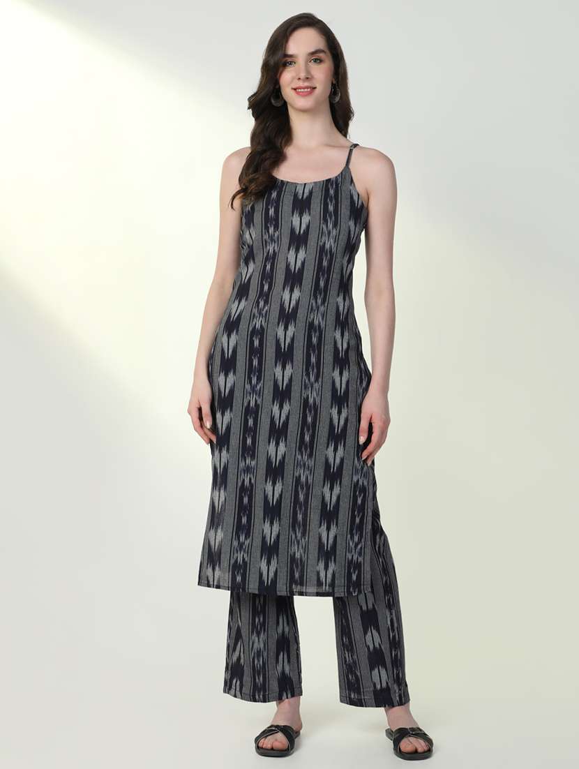 women navy blue ikat kurta pant set