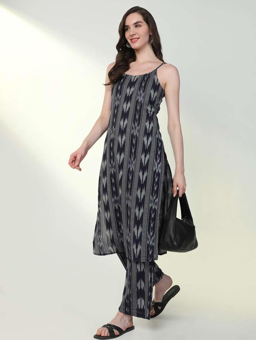 women navy blue ikat kurta pant set - 21598124 -  Standard Image - 1