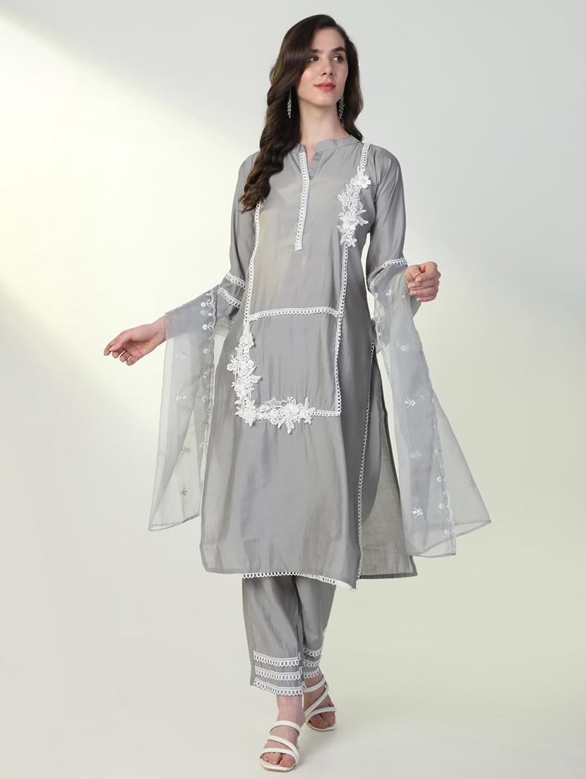 women grey lace work kurta pant set with dupatta - 21598125 - Standard Image - 4
