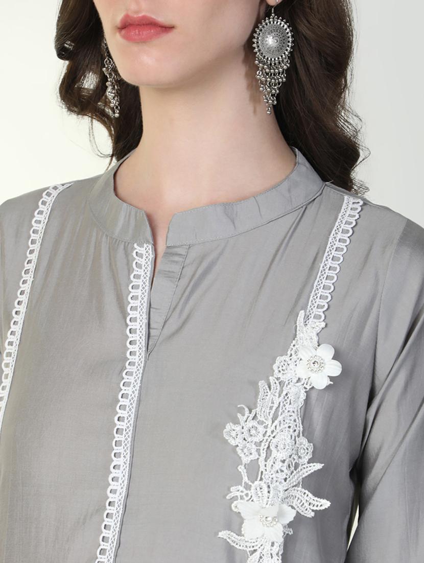 women grey lace work kurta pant set with dupatta - 21598125 - Standard Image - 6