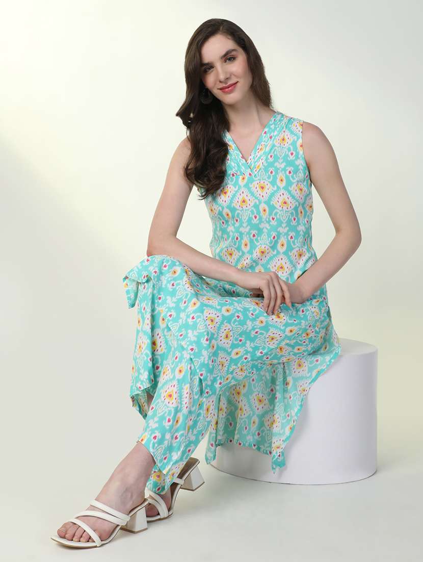 women sea green printed kurta pant set - 21598131 -  Standard Image - 1
