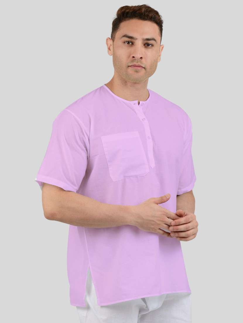 men solid short sleeves kurta with single pocket - 21598155 -  Standard Image - 1