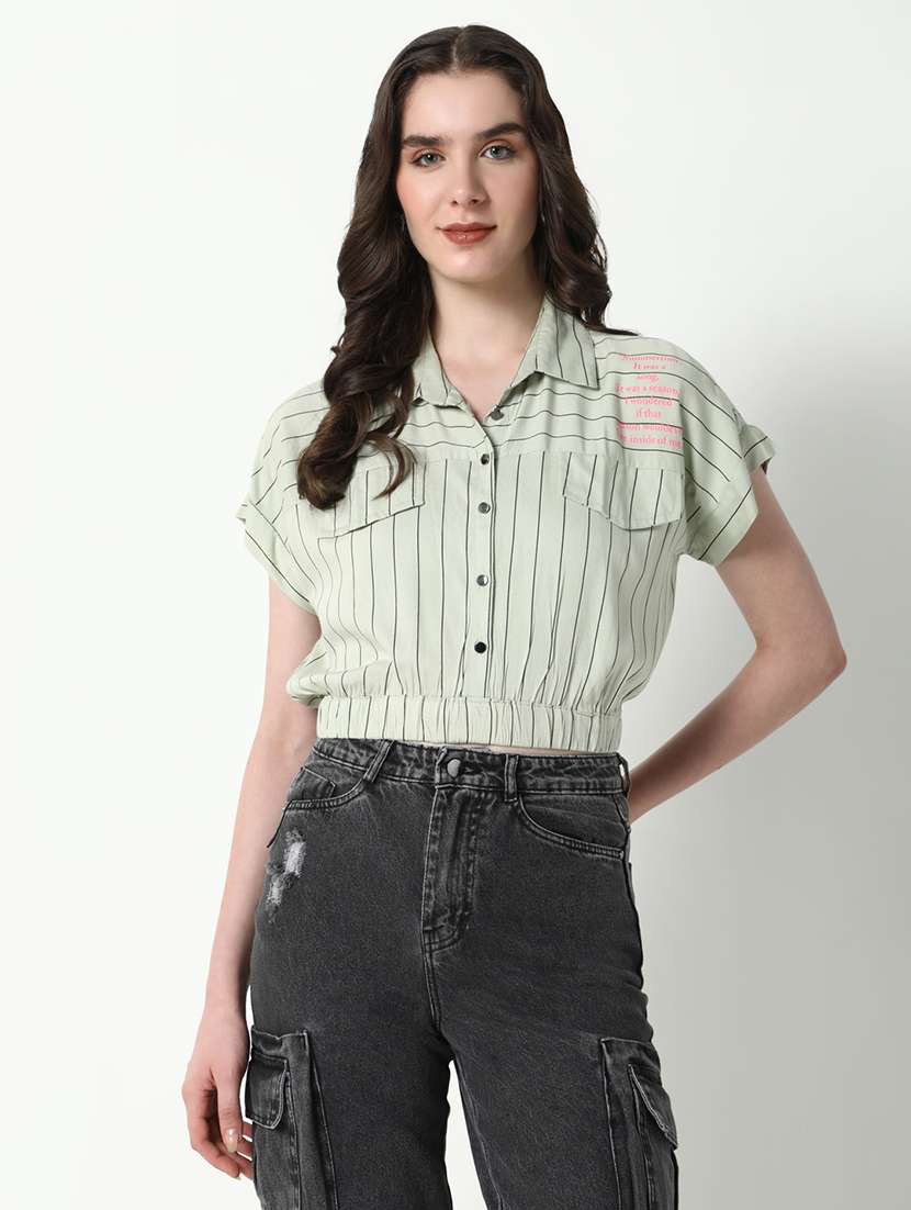women striped collared short sleeves top - 21598208 - Zoom Image - 0