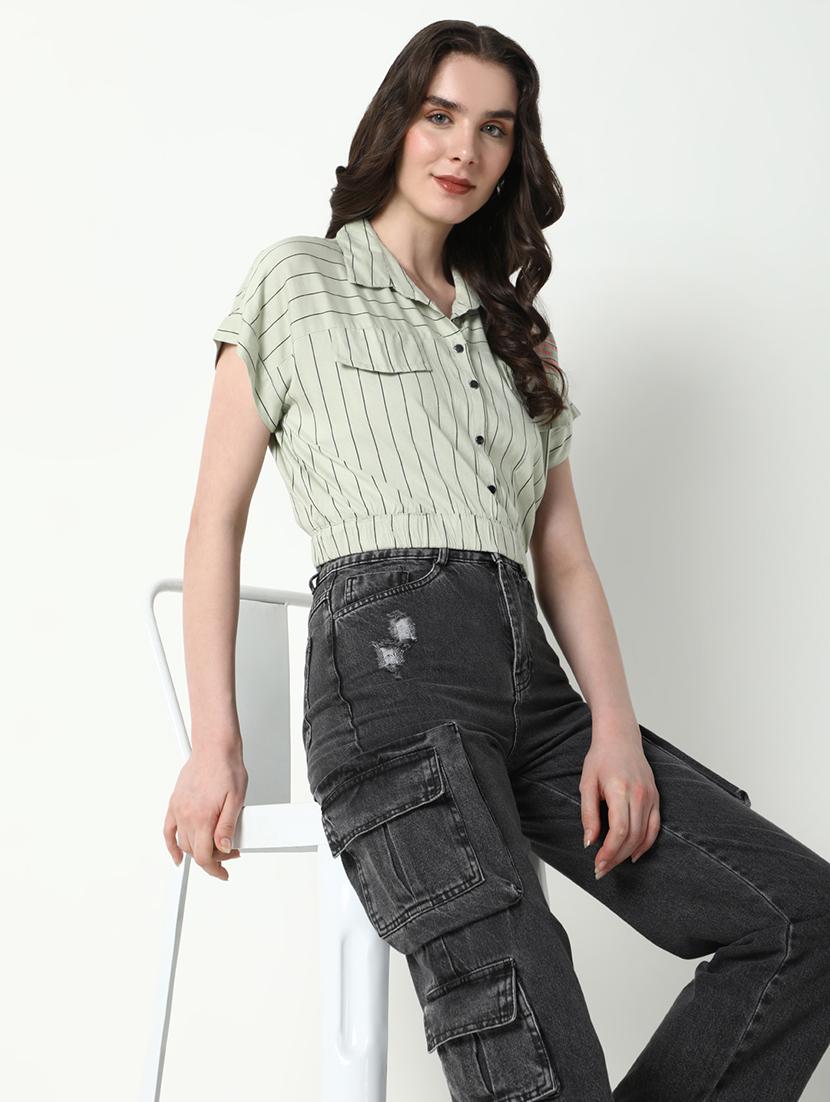 women striped collared short sleeves top - 21598208 - Standard Image - 1