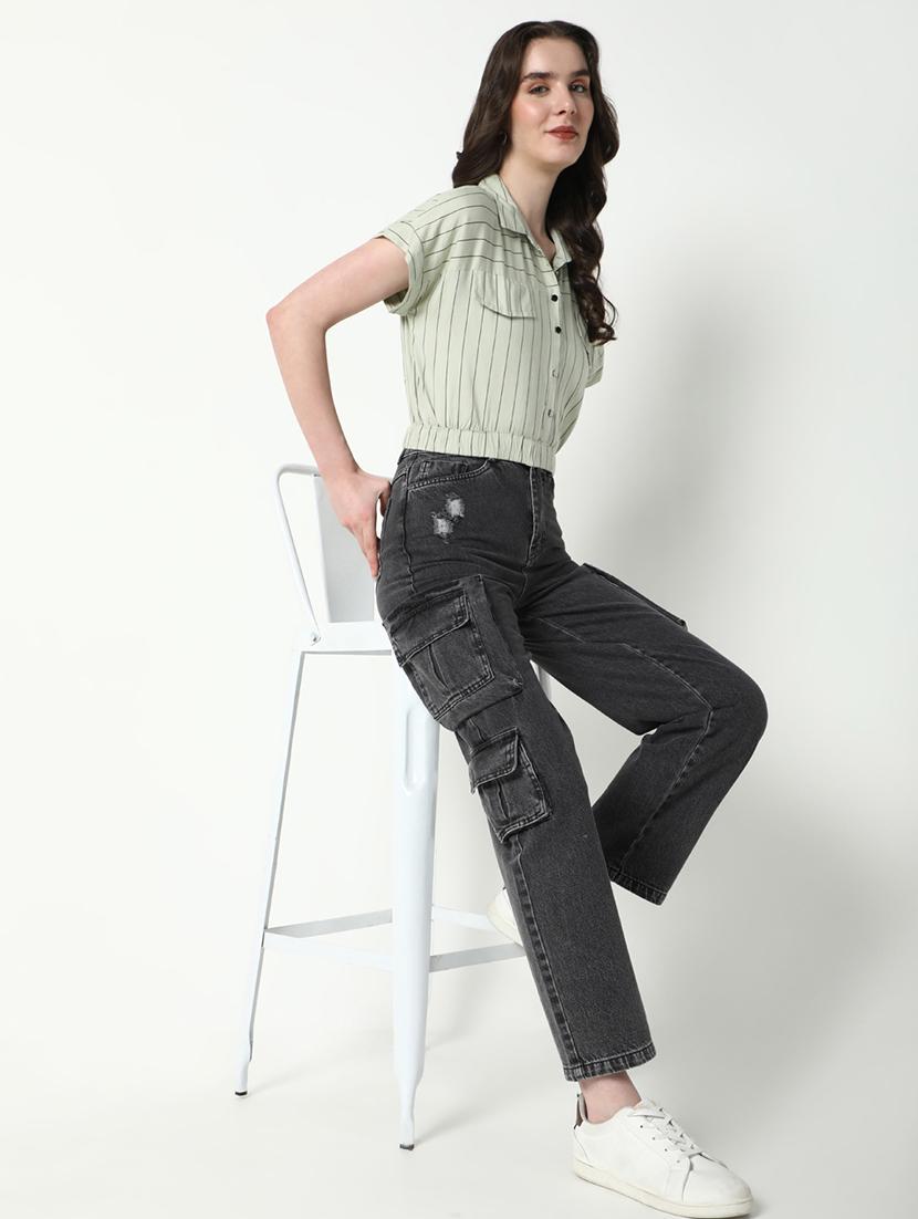 women striped collared short sleeves top - 21598208 - Standard Image - 4