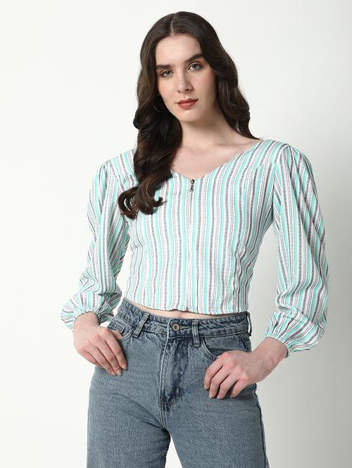 women sea green stripes v neck crop top - 21598212 -  Standard Image - 0