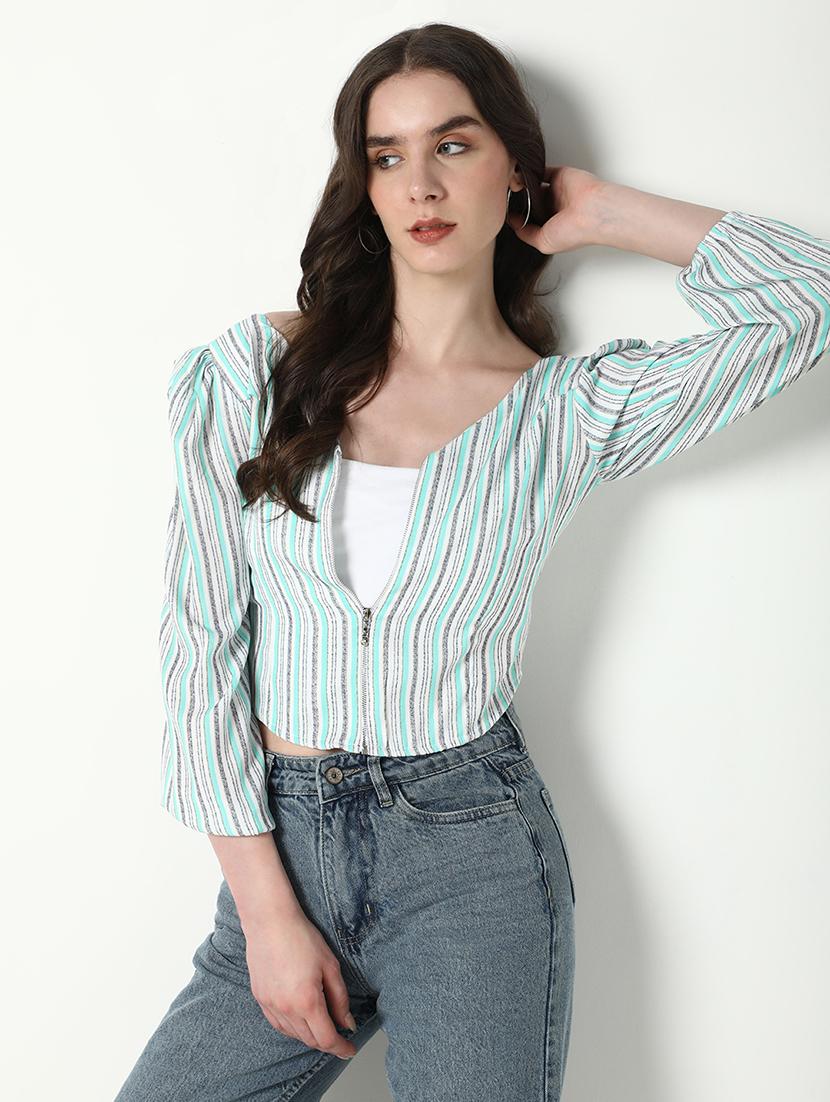 women sea green stripes v neck crop top - 21598212 -  Standard Image - 1