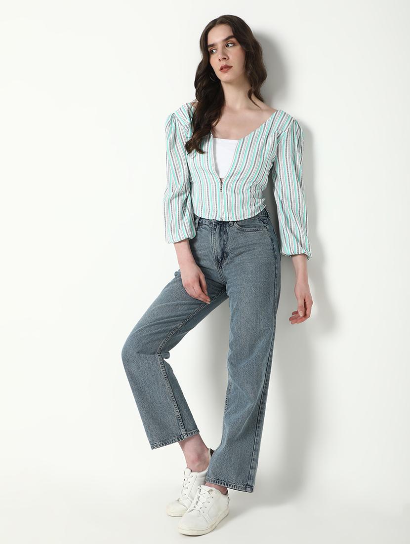 women sea green stripes v neck crop top - 21598212 - Standard Image - 4