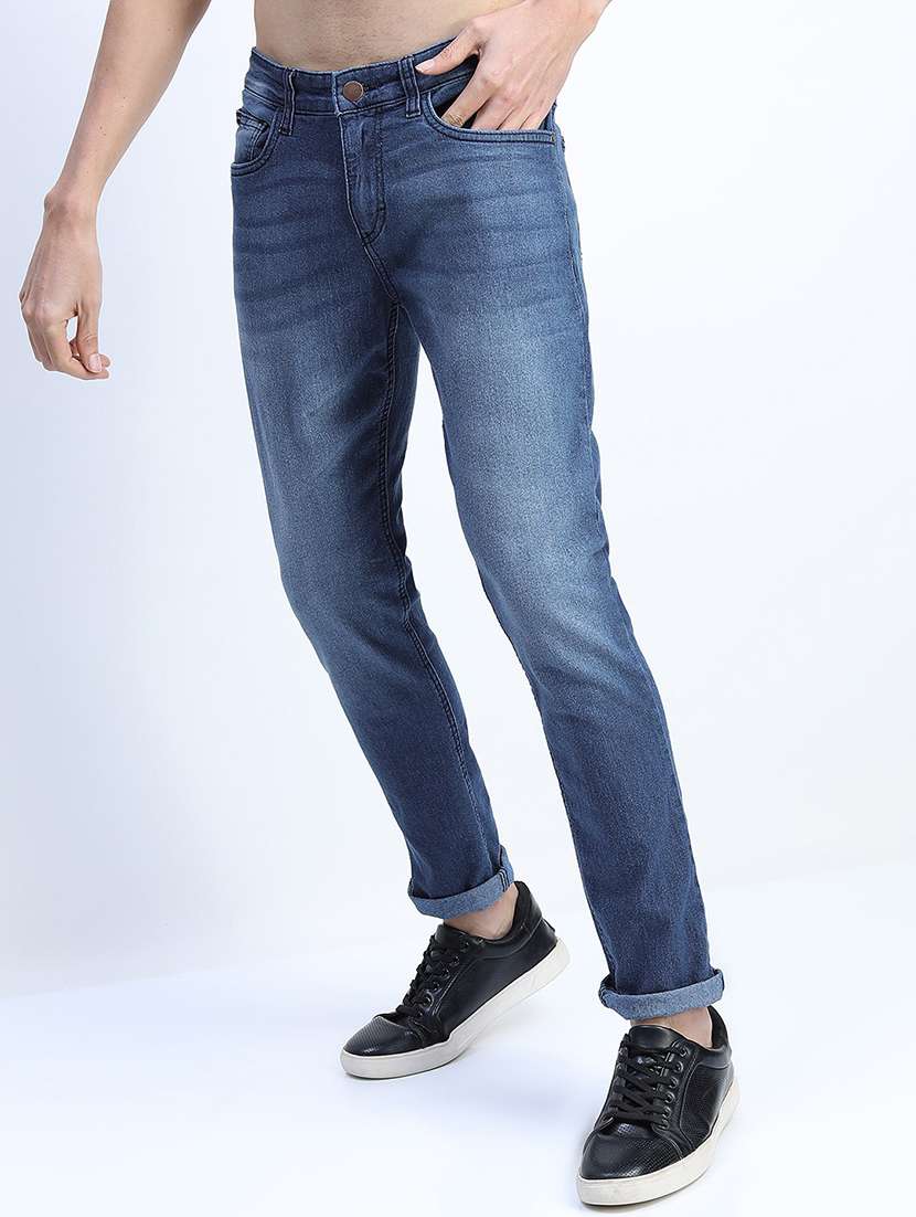 men plain slim fit mid rise jeans - 21598430 -  Standard Image - 1