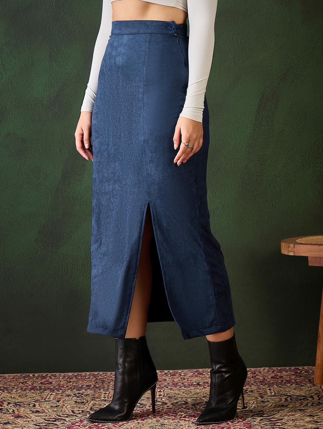 women blue solid straight skirt - 21599027 -  Standard Image - 1