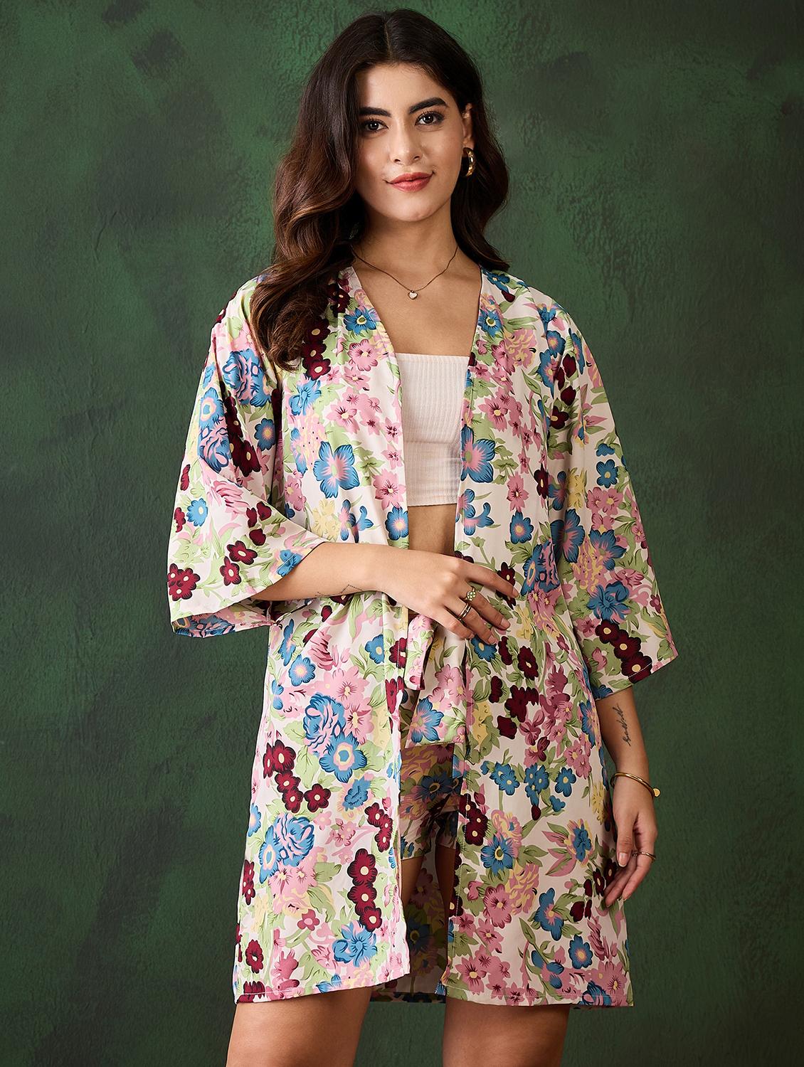 women floral printed top and shorts with shrug co-ord set - 21599030 -  Zoom Image - 0