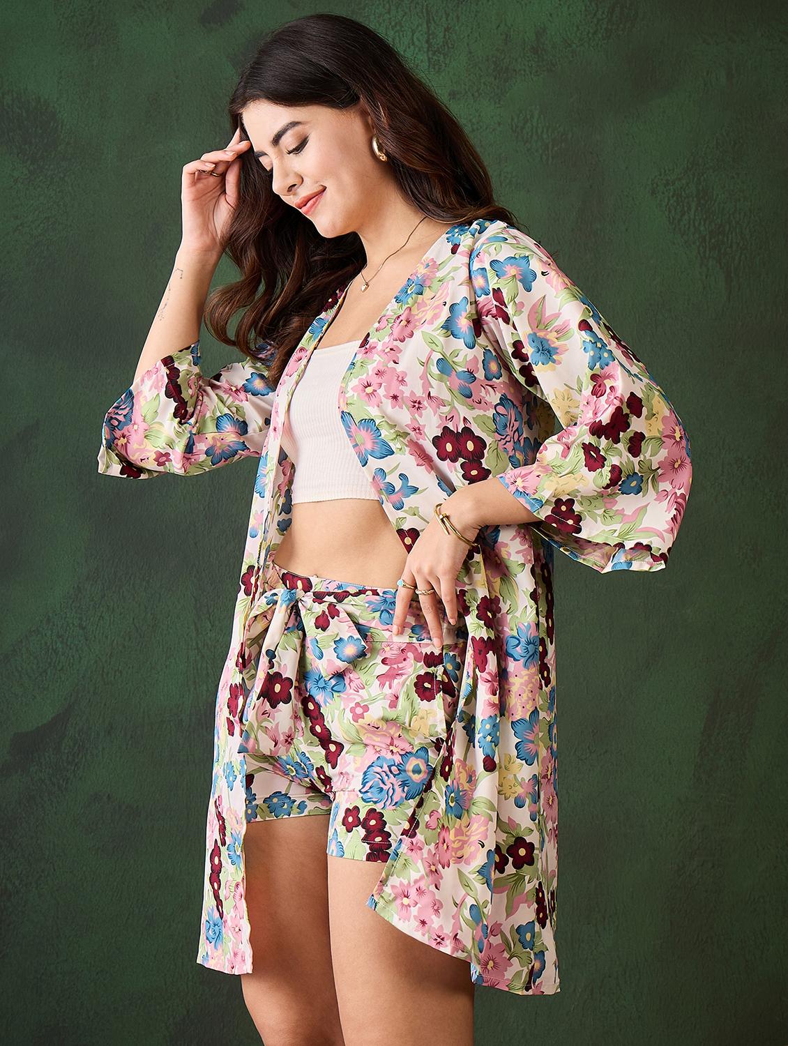 women floral printed top and shorts with shrug co-ord set - 21599030 -  Standard Image - 1