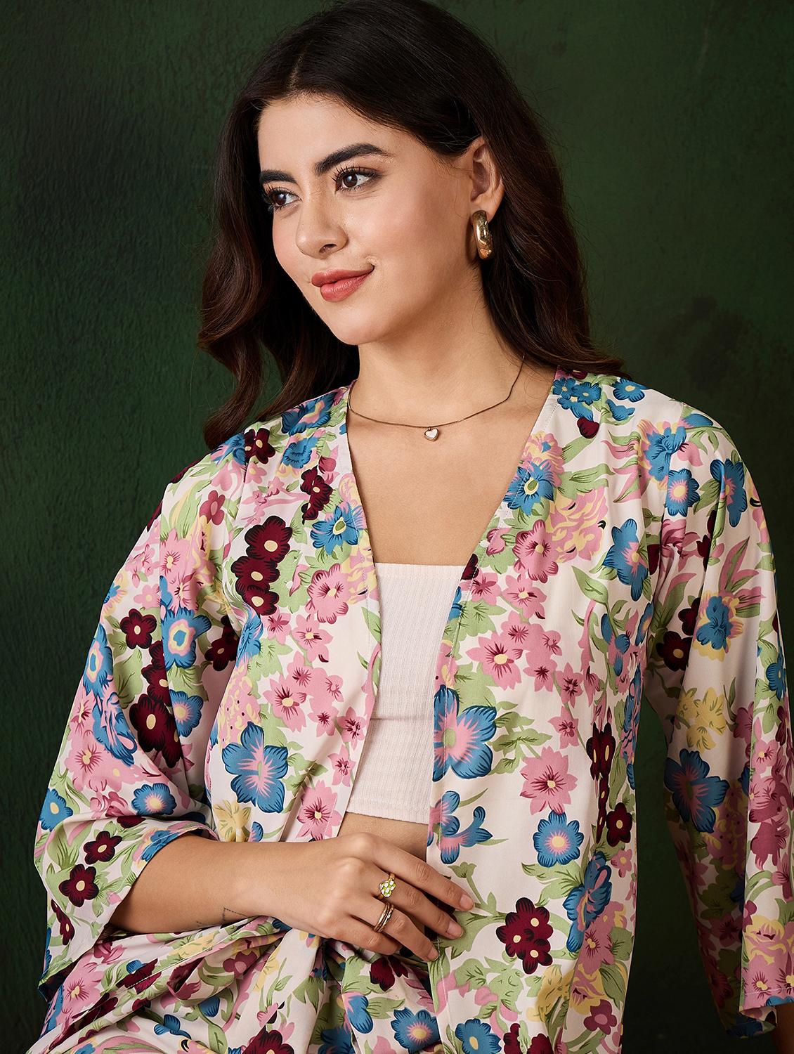 women floral printed top and shorts with shrug co-ord set - 21599030 - Standard Image - 4