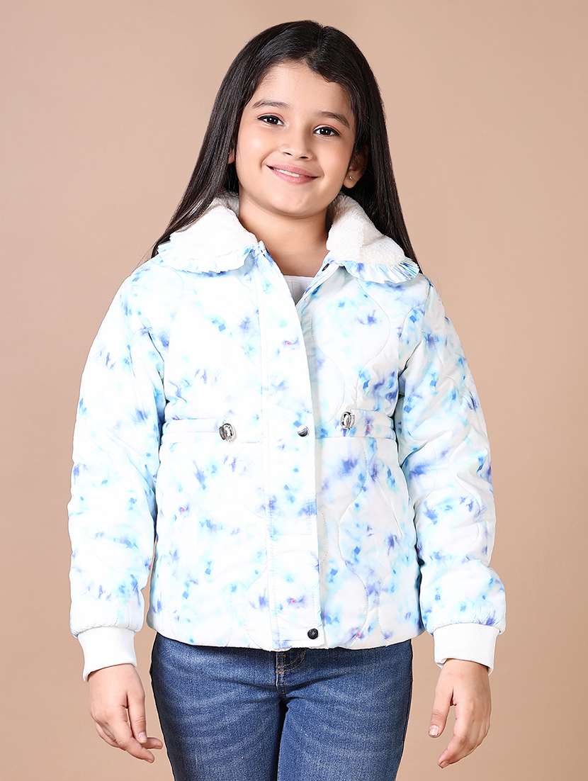 girls printed collared long sleeves quilted jacket