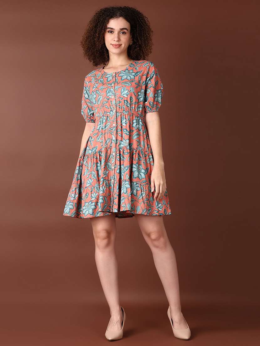 women coarl printed short sleeve tiered dress