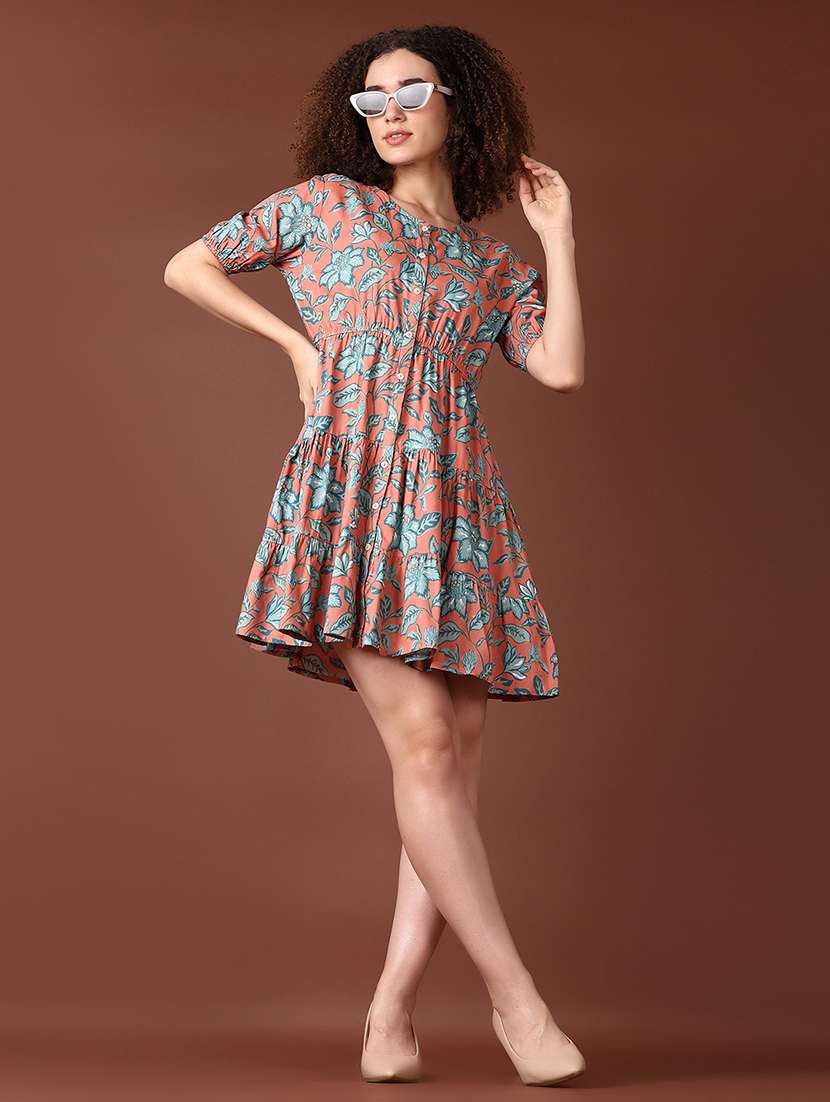 women coarl printed short sleeve tiered dress - 21599079 -  Standard Image - 1