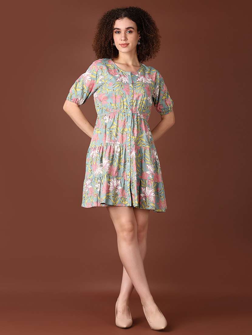 women purist blue printed short sleeve tiered dress