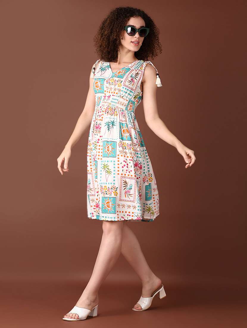 women off white printed sleeveless fit & flare dress - 21599082 -  Standard Image - 1