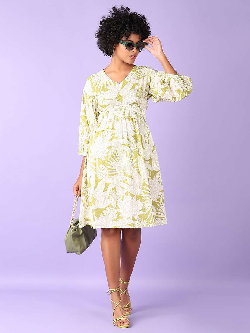 women lime printed three quarter sleeve line dress - 21599083 -  Standard Image - 1