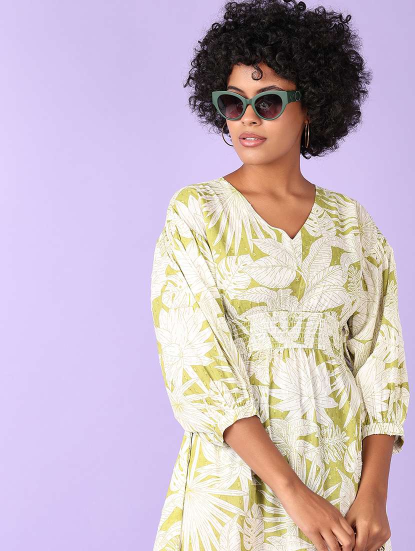 women lime printed three quarter sleeve line dress - 21599083 -  Standard Image - 4